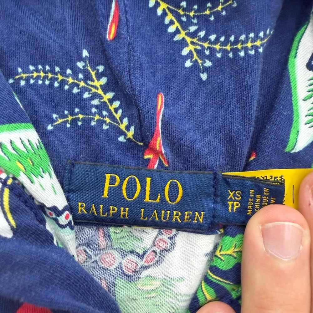 Polo Ralph Lauren Mene XS Navy Hawaiian Tropical Surf Print Hooded Long Slv